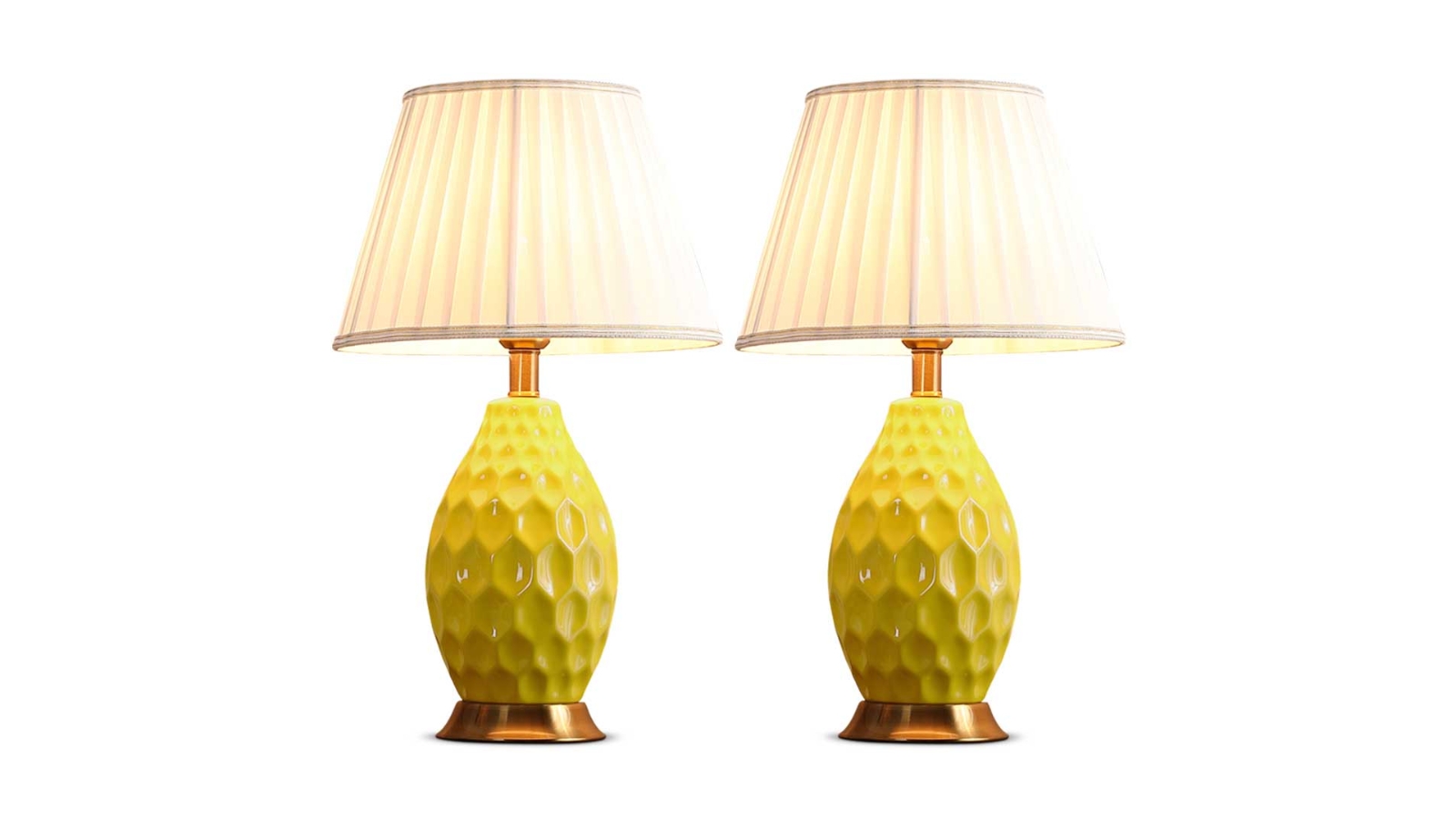 SOGA 2 Piece Textured Ceramic Oval Table Lamp with Gold Metal Base - Yellow