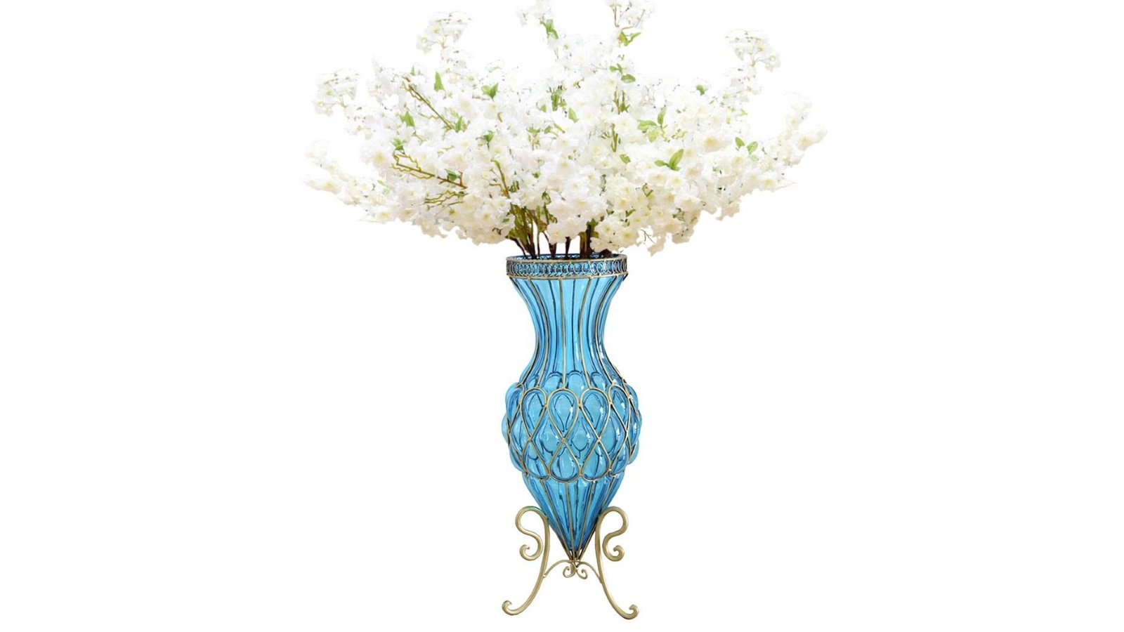 Soga 67cm Floor Vase and 10 White Flower Set - Blue