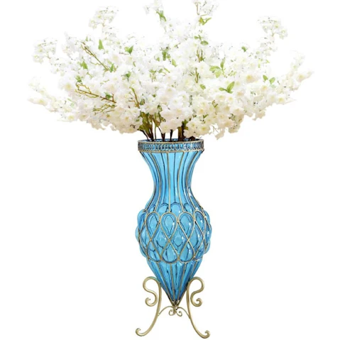 Soga 67cm Floor Vase and 10 White Flower Set - Blue