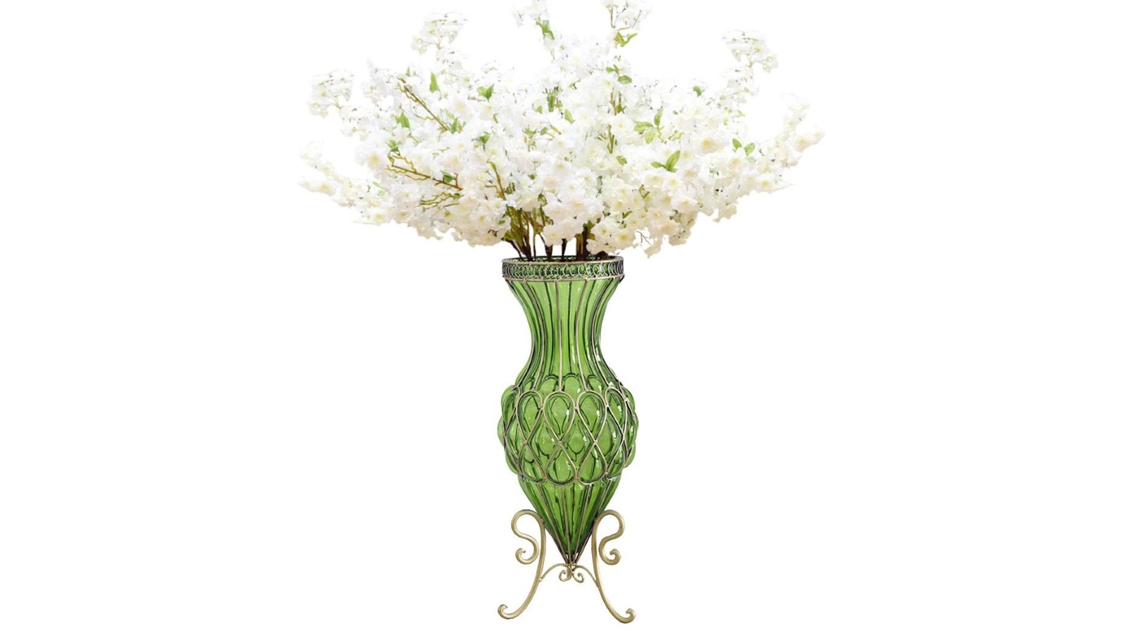 SOGA 67cm Floor Vase and 10 White Flower Set - Green
