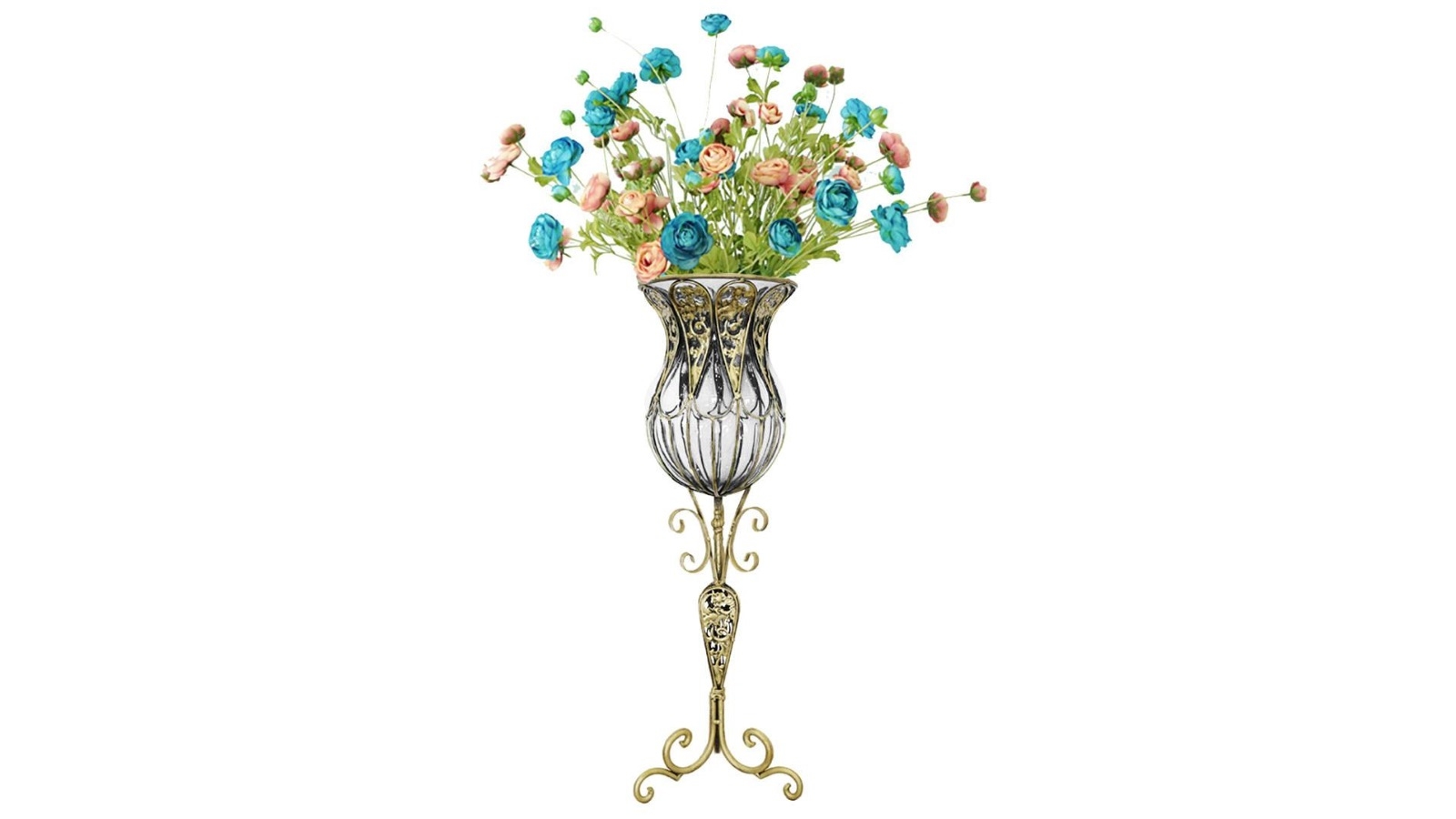 SOGA 85cm Clear Floor Vase and 12 Pieces Blue and Pink Flower Set