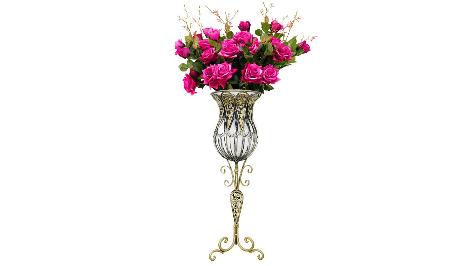 SOGA 85cm Clear Floor Vase and 12 Pieces Dark Pink Flower Set