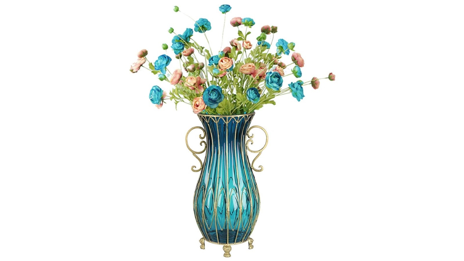 SOGA 51cm Blue Tall Vase and 12 Pieces Blue and Pink Flower Set