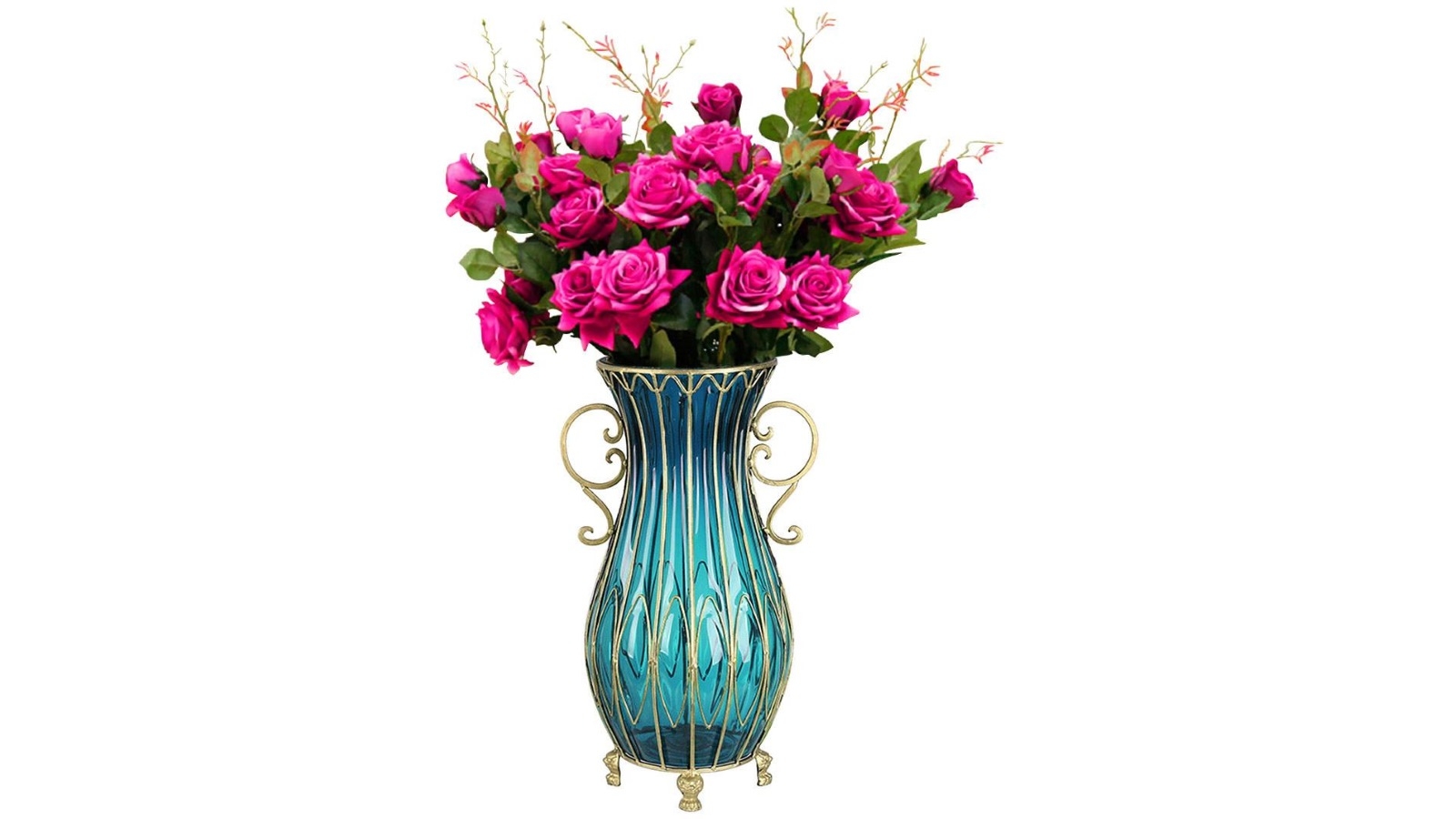 SOGA 51cm Blue Tall Vase and 12 Pieces Dark Pink Flower Set