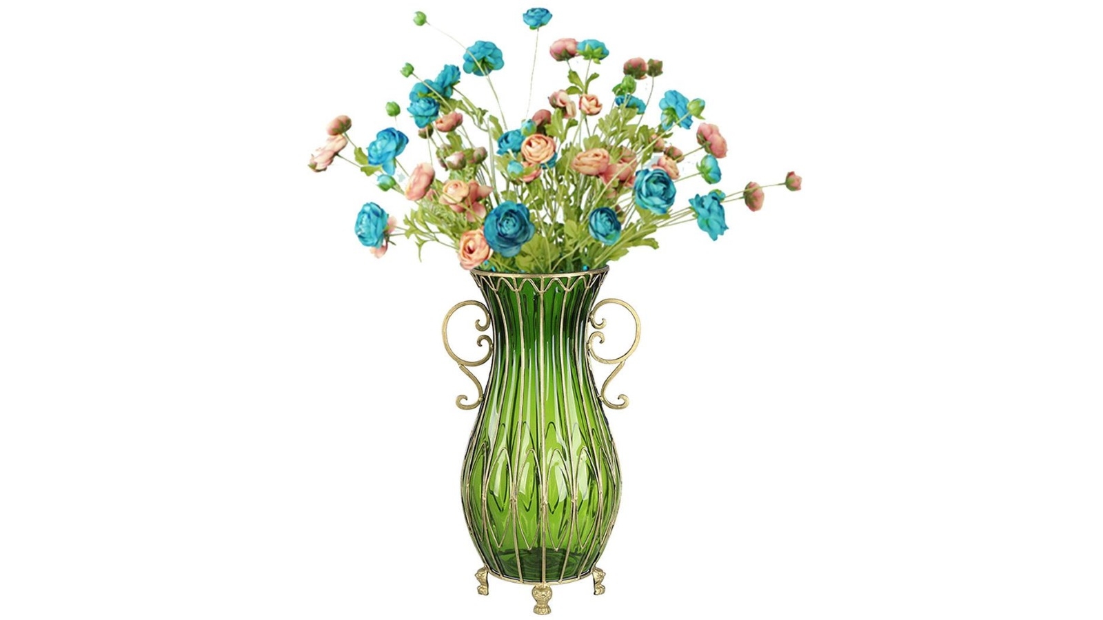 SOGA 51cm Green Tall Vase and 12 Pieces Blue and Pink Flower Set