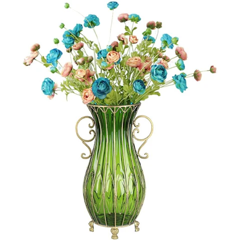 SOGA 51cm Green Tall Vase and 12 Pieces Blue and Pink Flower Set