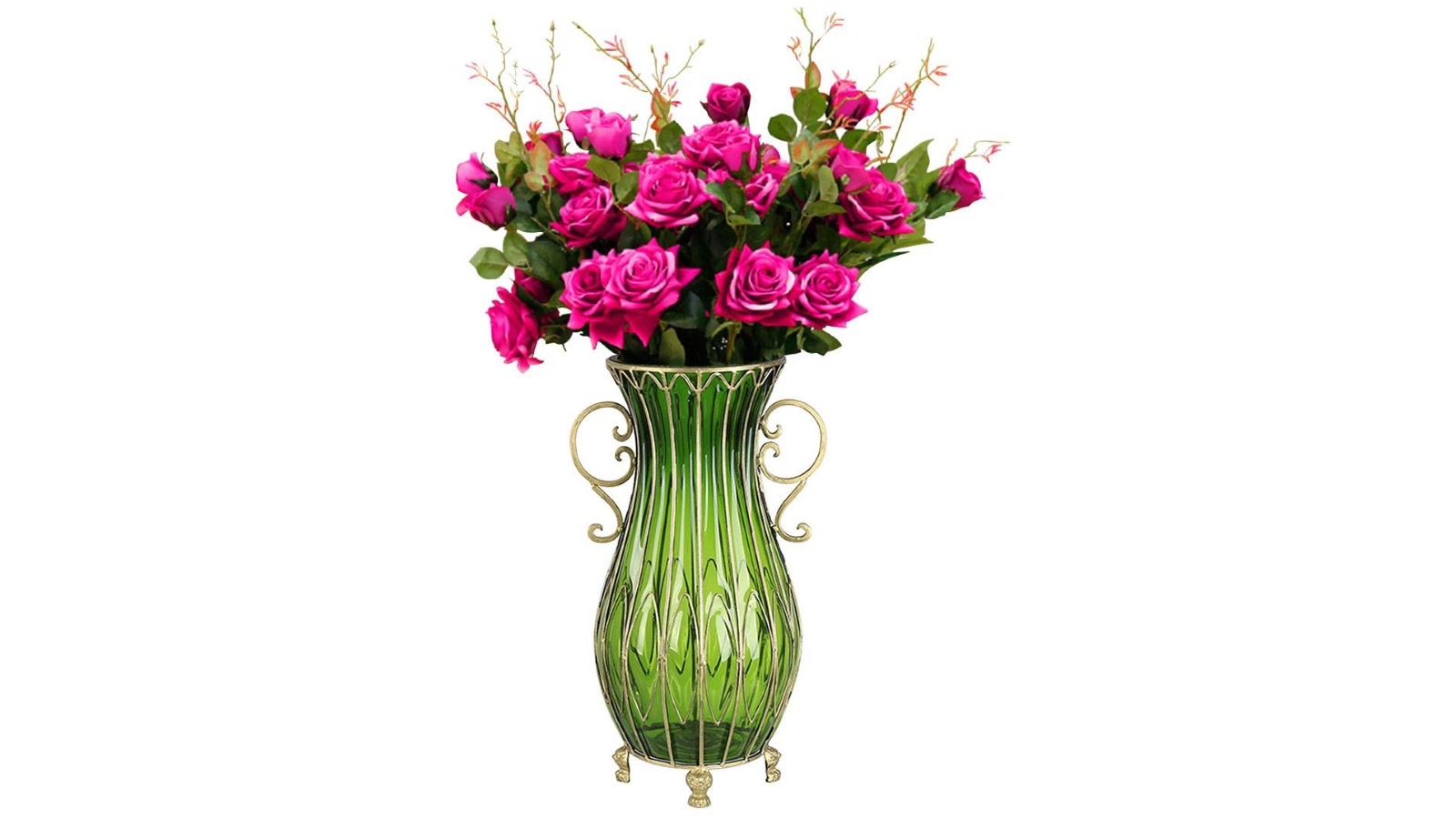 SOGA 51cm Green Tall Vase and 12 Pieces Dark Pink Flower Set