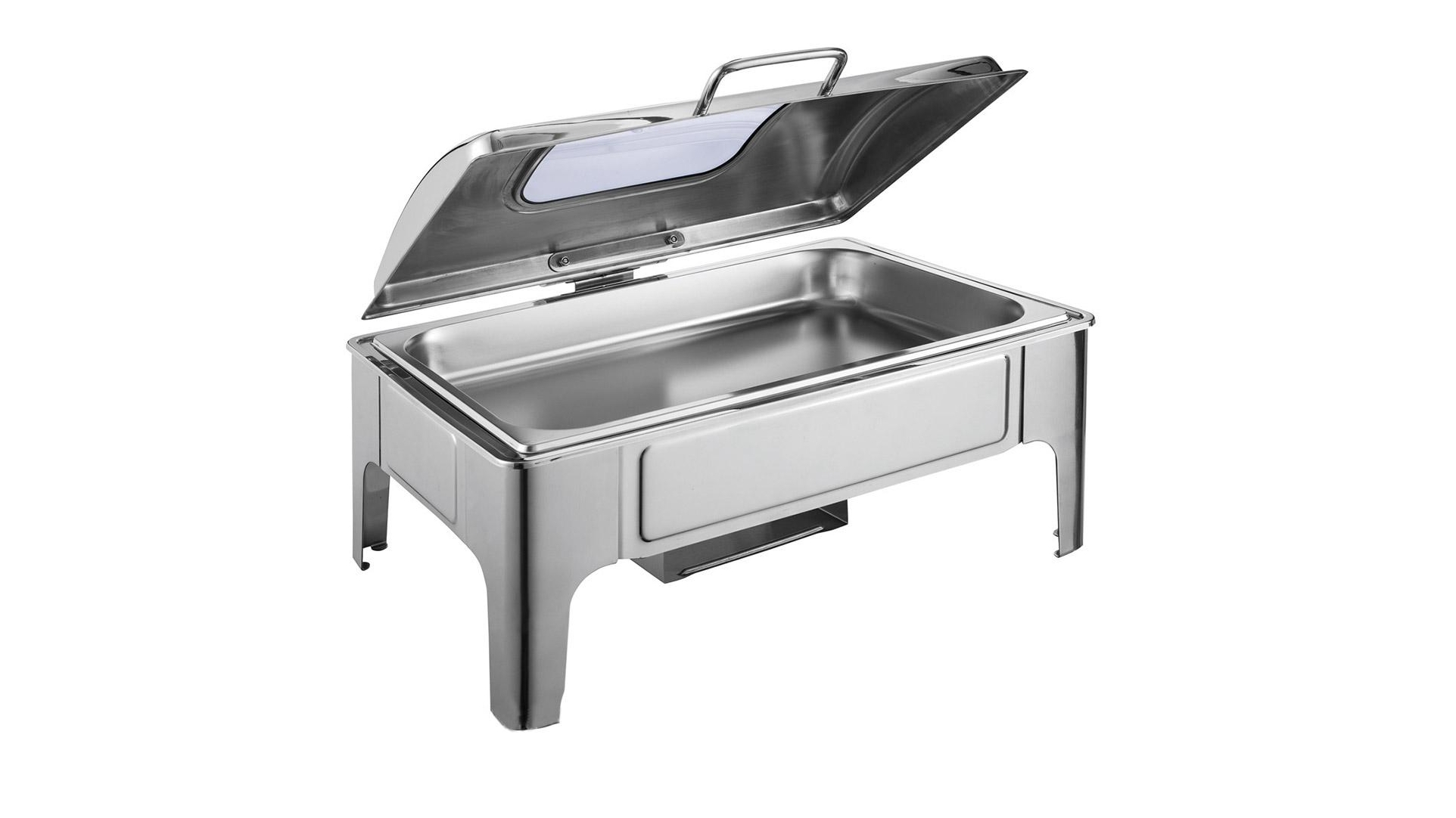 SOGA 9L Rectangular Stainless Steel Soup Warmer Roll Top Chafer Chafing Dish Set with Glass Visual Window Lid