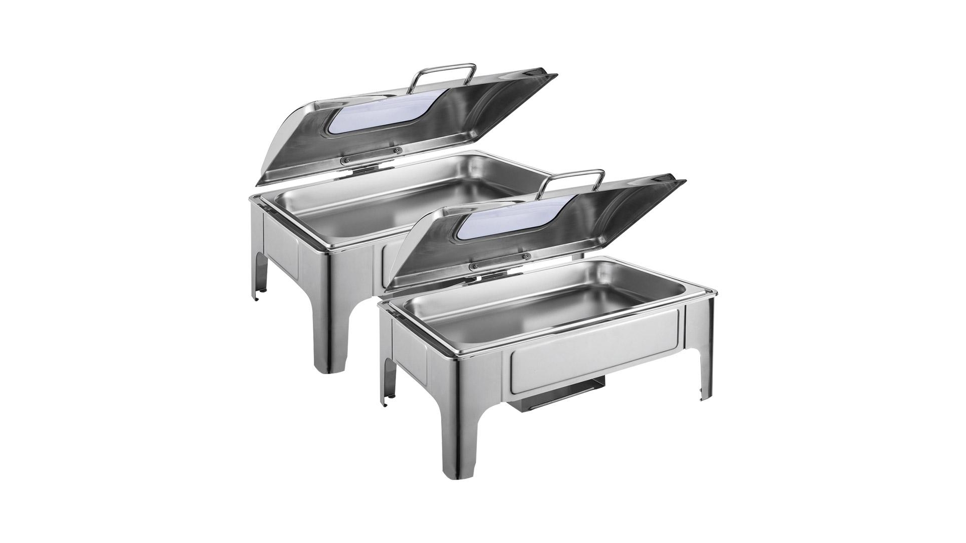 SOGA 2x 9L Rectangular Stainless Steel Soup Warmer Roll Top Chafer Chafing Dish Set with Glass Visual Window Lid