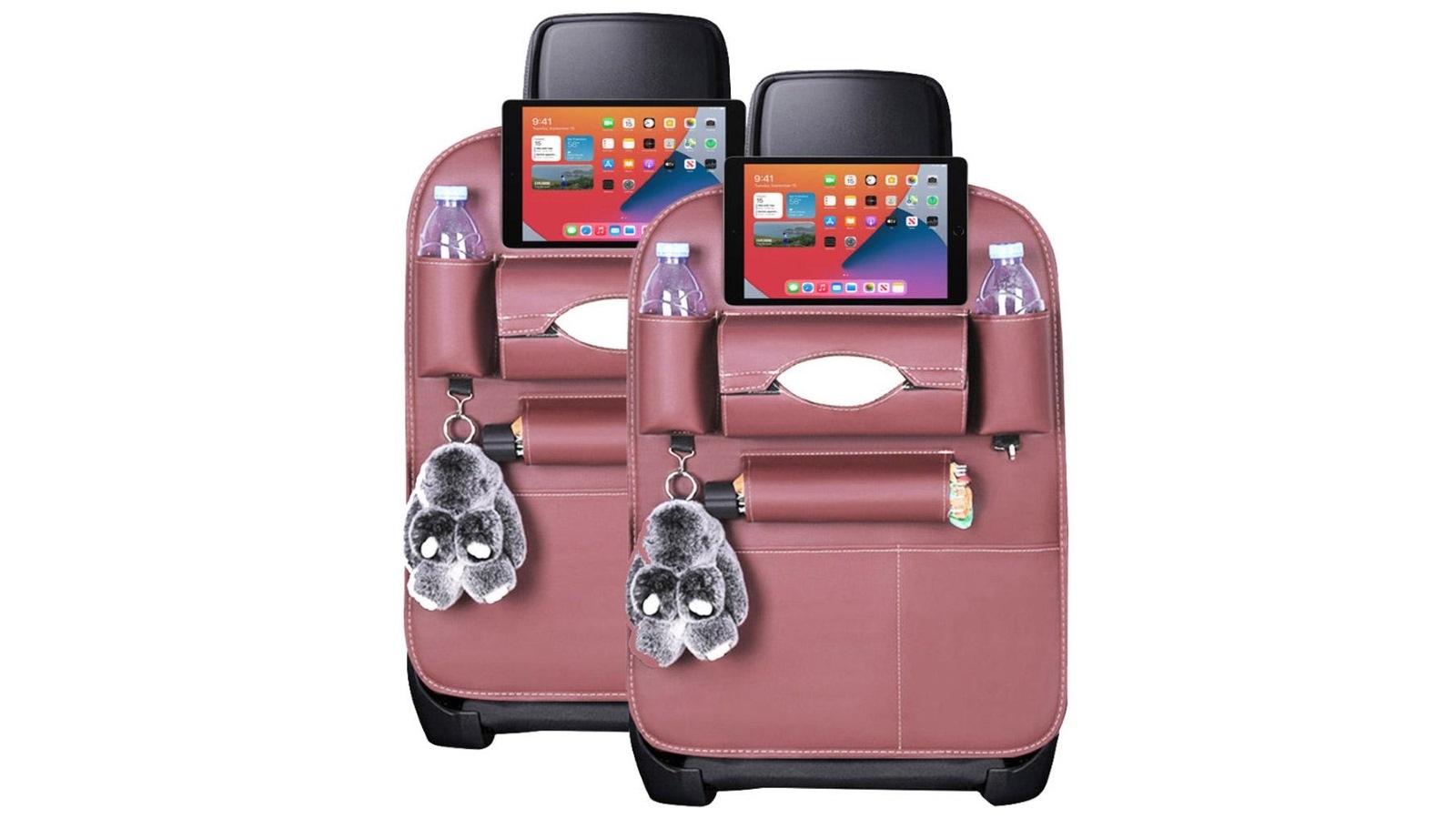 SOGA 2x PVC Leather Car Back Seat Storage Bag Multi-Pocket and iPad Mini Holder - Coffee