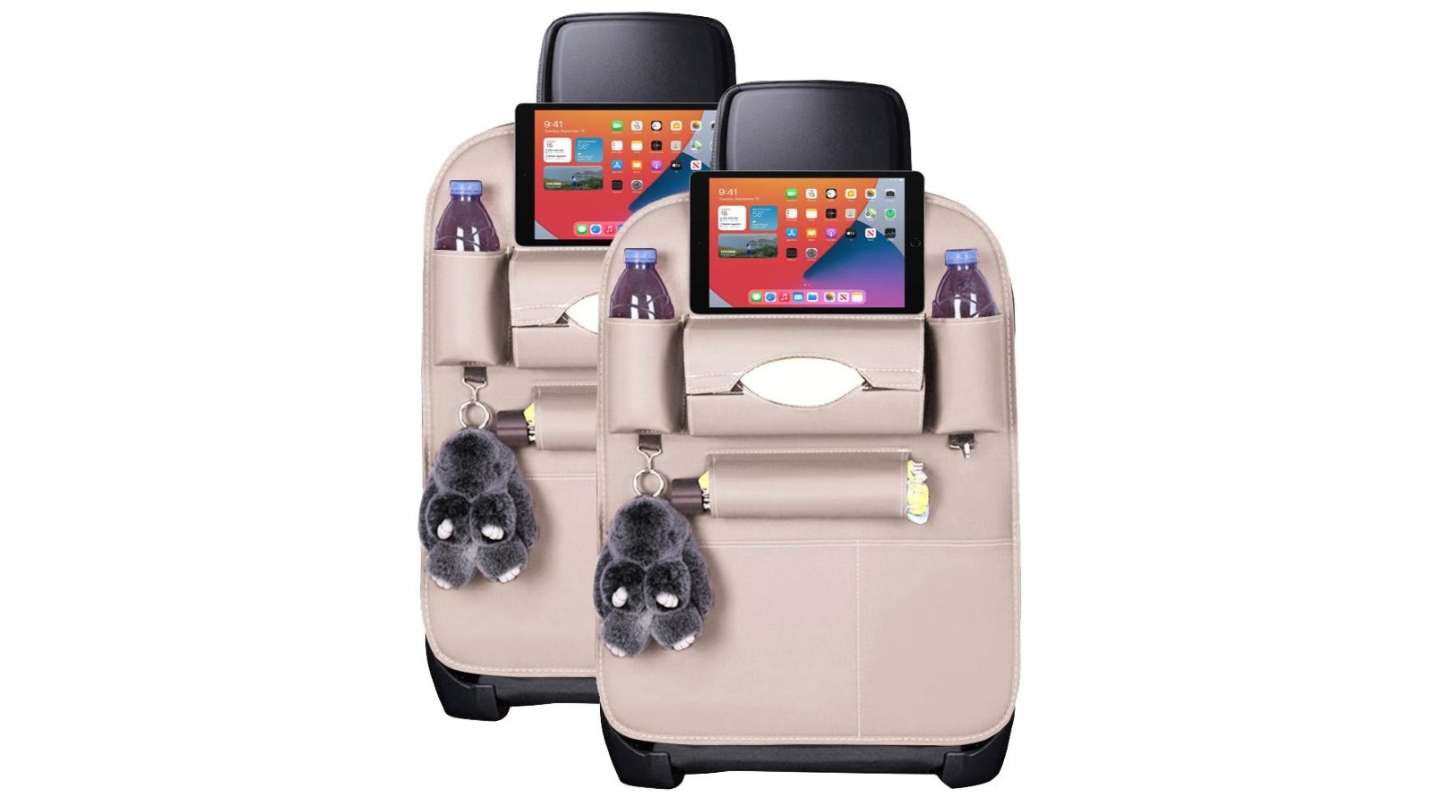 SOGA 2x PVC Leather Car Back Seat Storage Bag Multi-Pocket and iPad Mini Holder - White