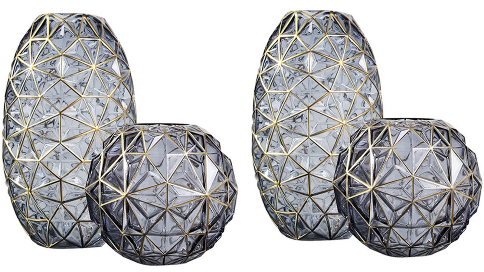 SOGA 2X Grey Colored Diamond Cut Glass Flower Vase Gold Accent Large and Medium Set