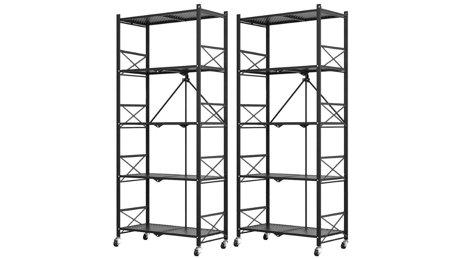 SOGA 2x 5 Tier Steel Foldable Display Stand Shelves with Wheels - Black