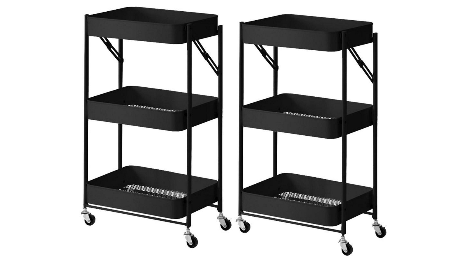 SOGA 2x 3 Tier Steel Foldable Kitchen Cart Multi-Functional Shelves with Wheels - Black