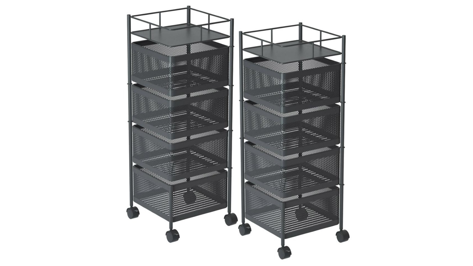 SOGA 2x 4 Tier Steel Square Rotating Kitchen Cart Shelves with Wheels - Black