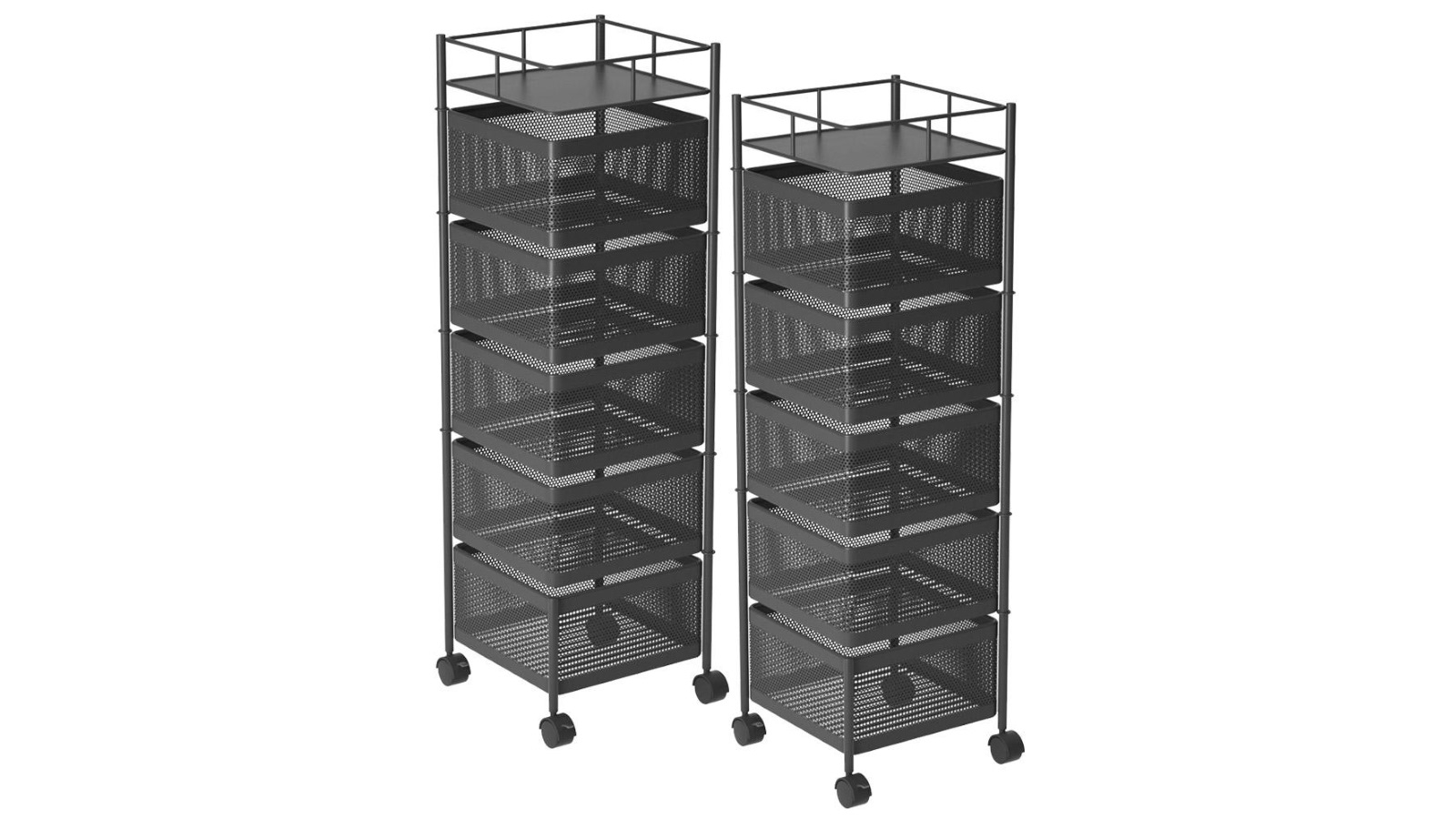 SOGA 2x 5 Tier Steel Square Rotating Kitchen Cart Shelves with Wheels - Black