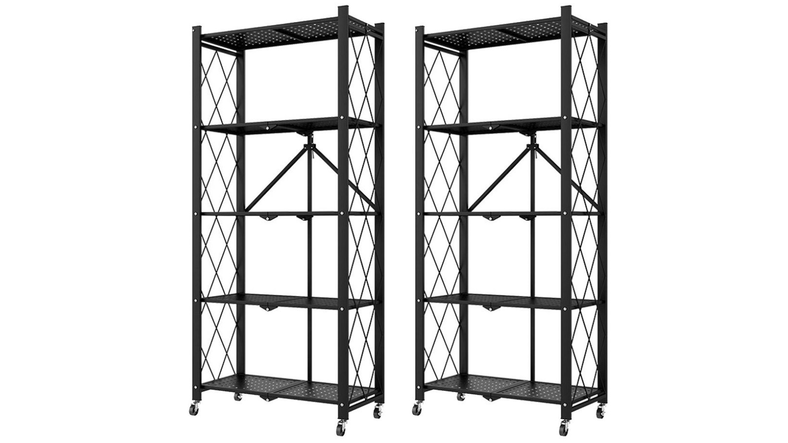 SOGA 2x 5 Tier Steel Foldable Kitchen Cart Multi-Functional Shelves with Wheels - Black
