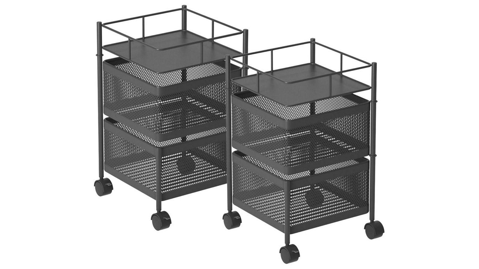 SOGA 2x 2 Tier Steel Square Rotating Kitchen Cart Shelves with Wheels - Black