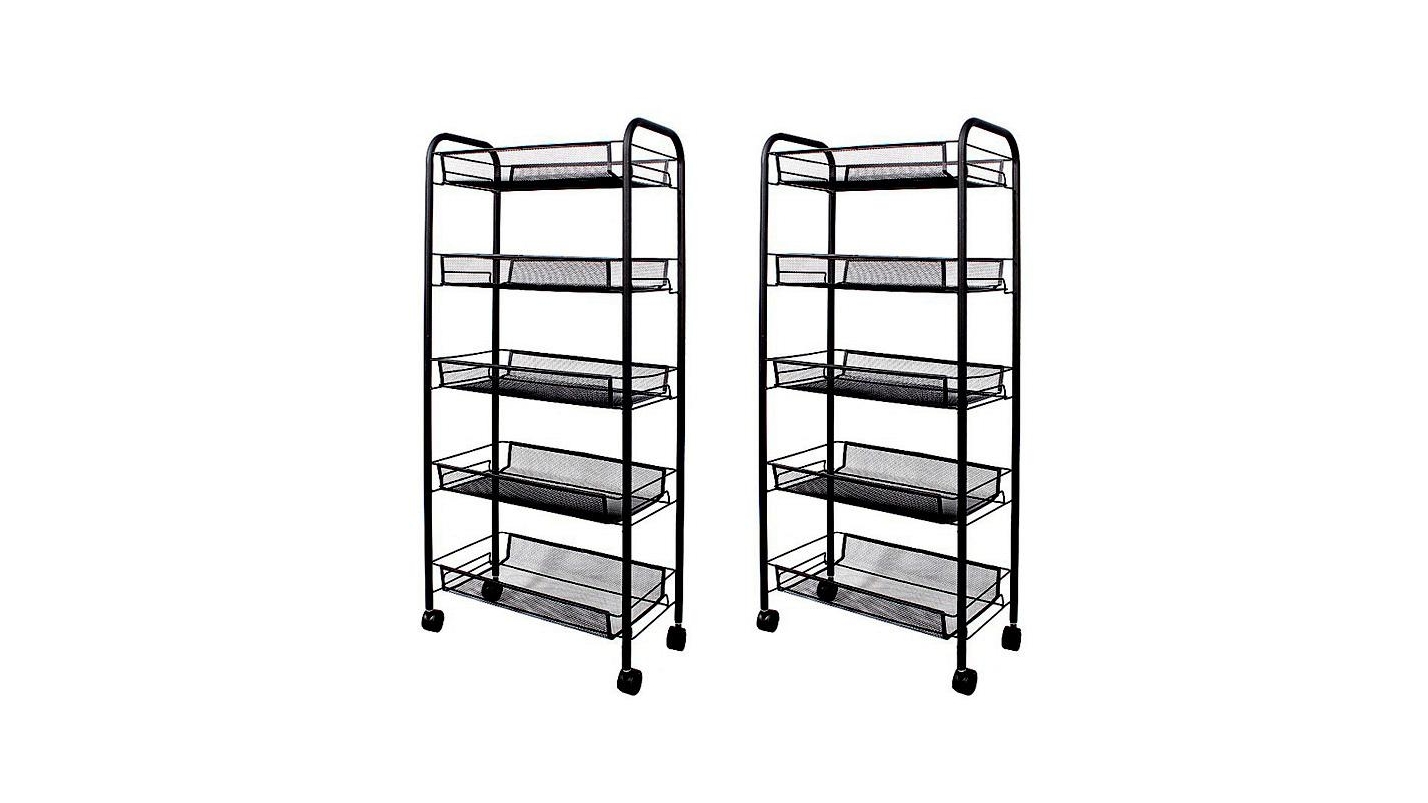 SOGA 5 Tier Steel Black Bee Mesh Kitchen Cart Multi-Functional Shelves Portable Storage Organizer with Wheels - 2 Piece