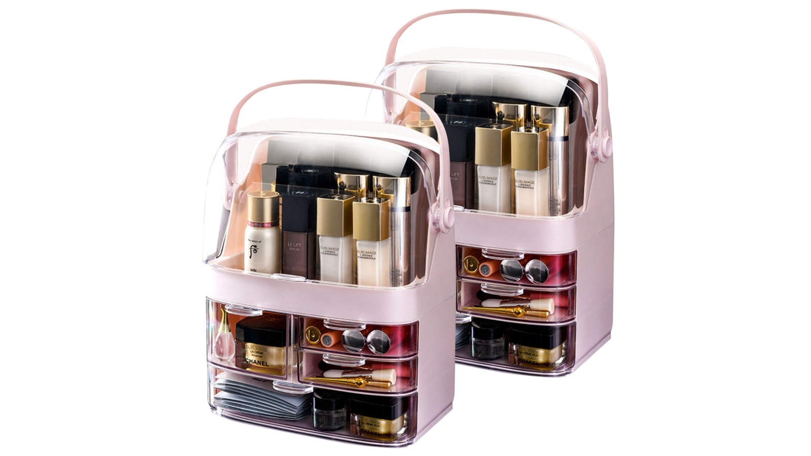 Soga 2x 3 Tier Countertop Makeup Storage Box with Handle - Pink