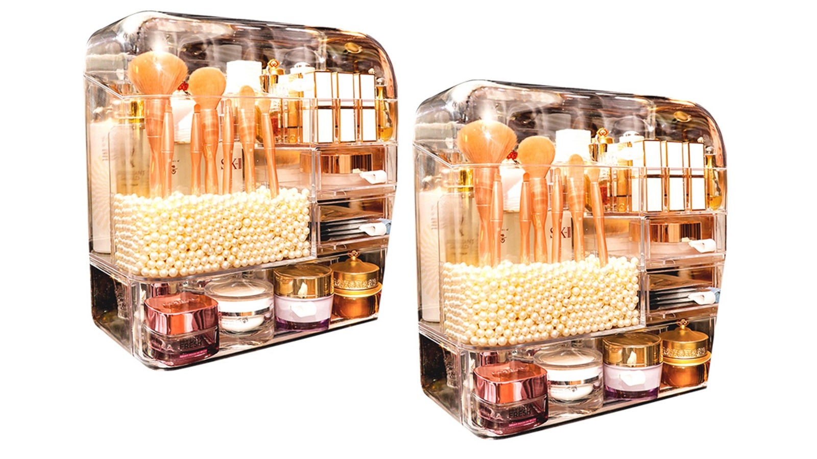 Soga 2x Clear Cosmetic Storage Box with Lid Drawers with Pearls