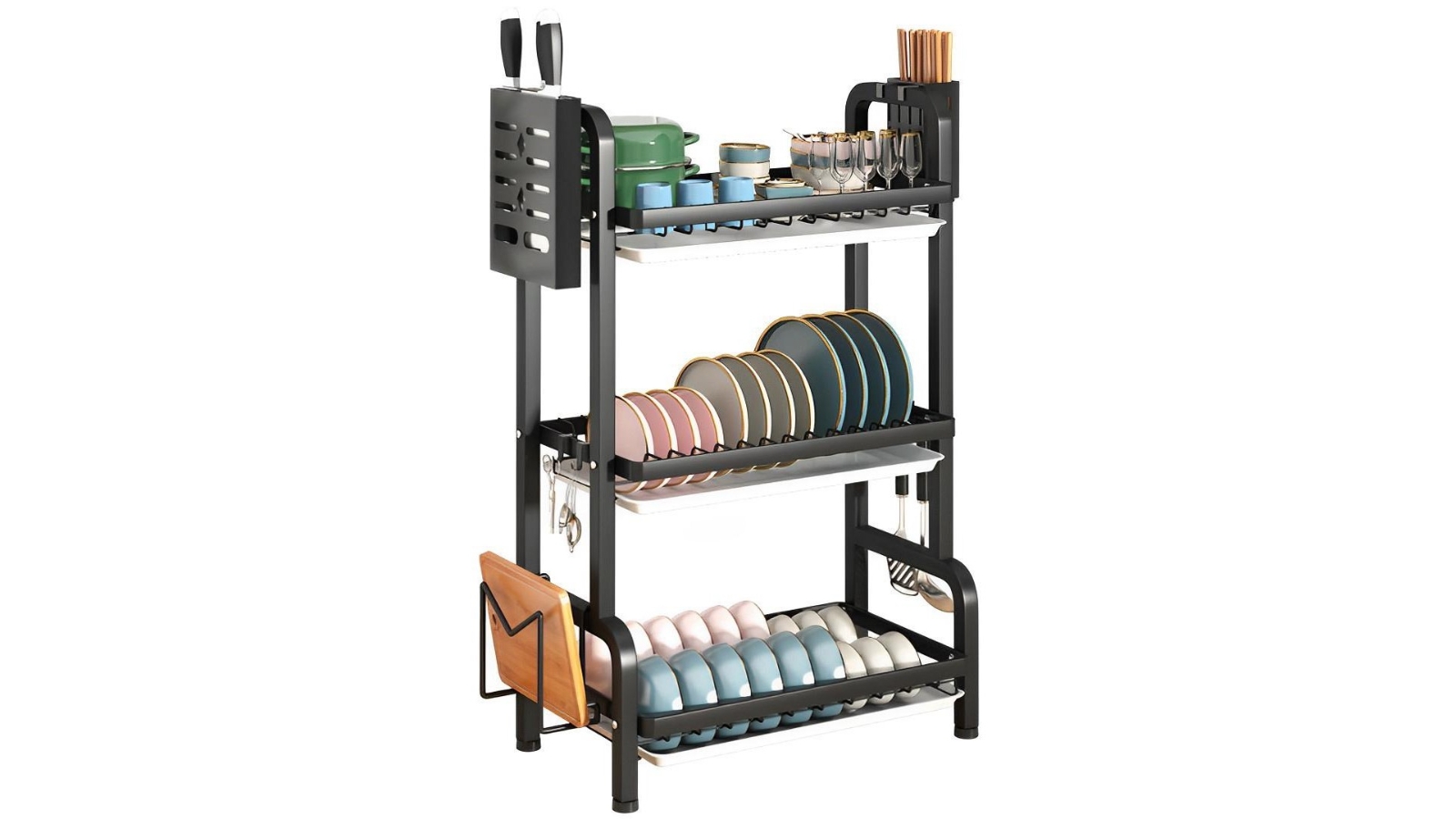 SOGA 3 Tier Steel Black Kitchen Drying Rack Plate - 62cm