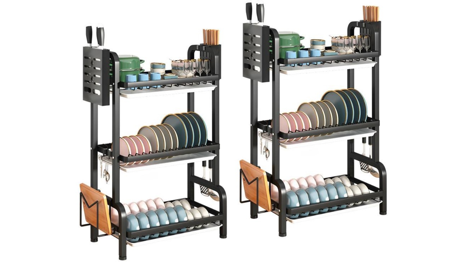 SOGA 2 Piece 3 Tier Steel Black Kitchen Drying Rack Plate - 62cm