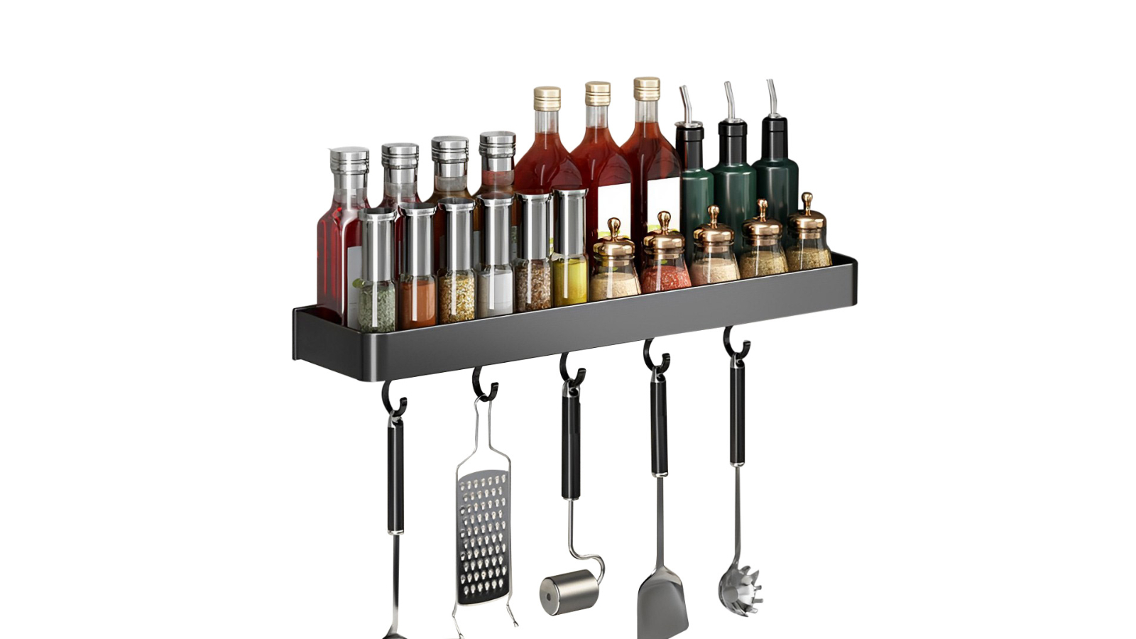 Soga Black Rectangular Kitchen Spice Storage with Hooks - 32cm
