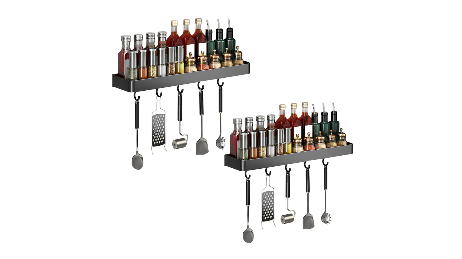 Soga 2 Piece Black Rectangular Kitchen Spice Storage Organiser with Hooks - 42cm