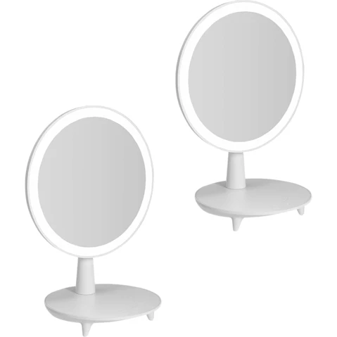 SOGA 2 Piece White Rechargeable Round LED Light Tabletop Makeup Mirror