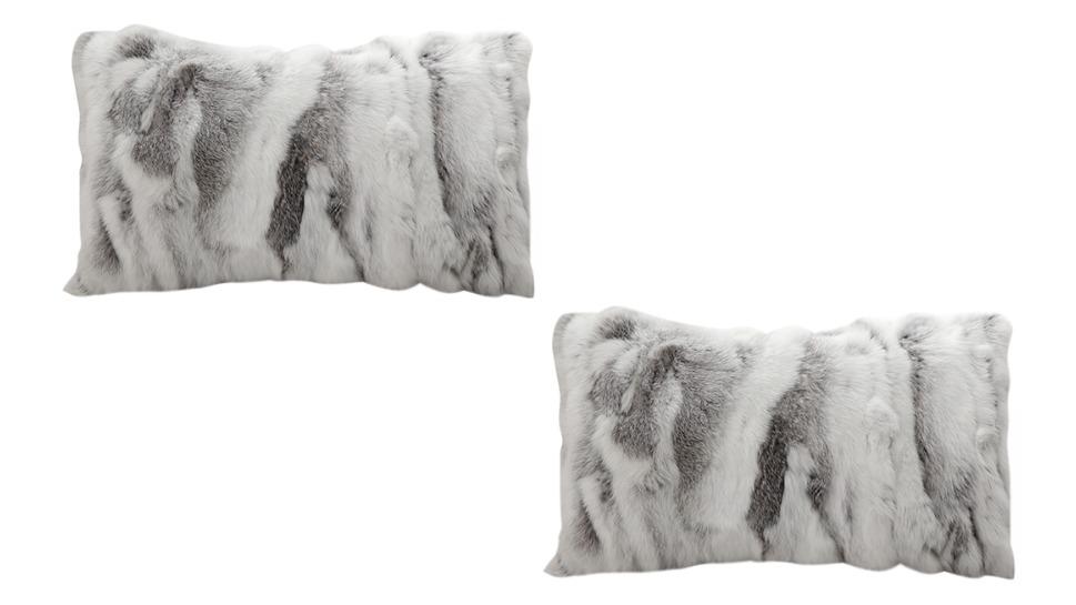 Soga Set of 2 Floral Gray Rabbit Fur Lumbar Warm Cushion - 30cm