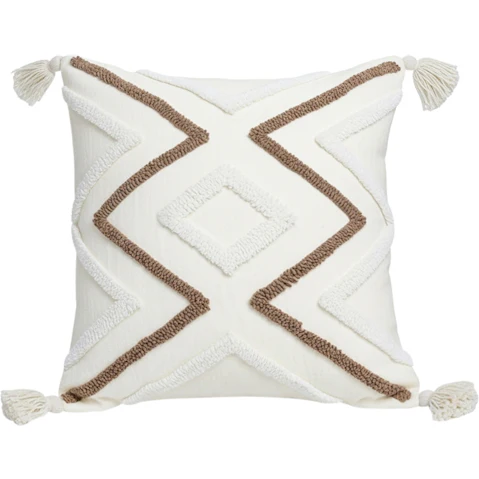 Soga Boho Tufted White Brown Geometric Decorative Throw Pillow - 45cm
