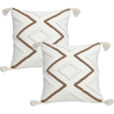 Soga Pack of 2 Boho Tufted White Brown Geometric Decorative Throw Pillow - 45cm