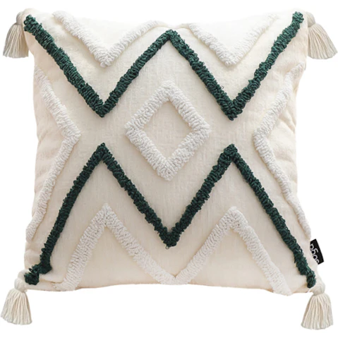 Soga Boho Tufted Cushion 45cm Tassel Beige Green Geometric Chevron Throw Pillow