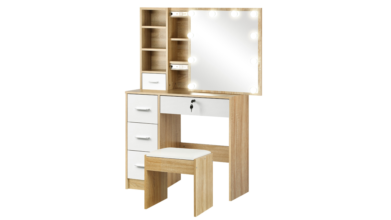 Oikiture 10 LED Bulb Dressing Table and Stool Set - Natural White