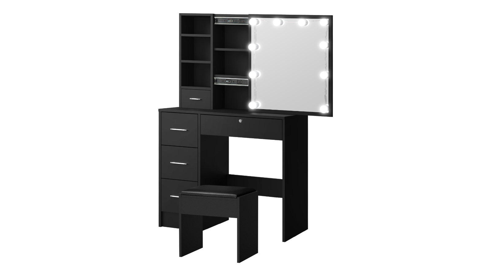 Oikiture 10 LED Bulb Dressing Table and Stool Set - Black