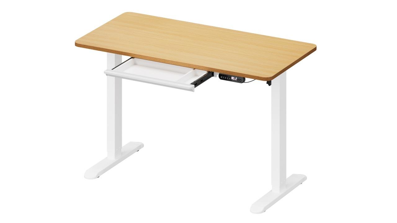 Oikiture 120cm Adjustable Height Electric Standing Desk with Drawer - White/Oak
