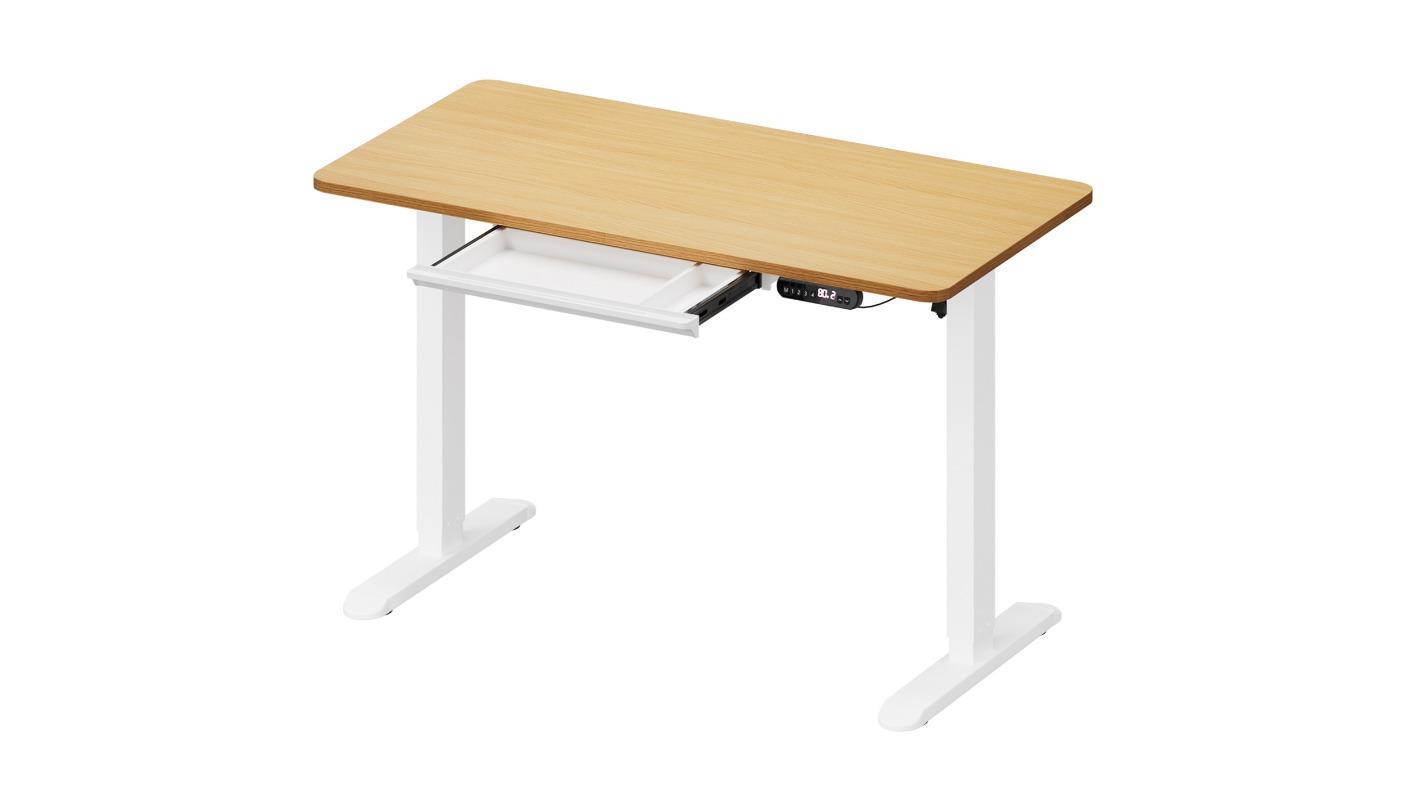 Oikiture 140cm Electric Adjustable Standing Office Table with Drawer - White/Oak