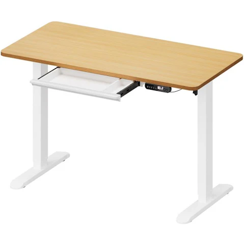 Oikiture 140cm Electric Adjustable Standing Office Table with Drawer - White/Oak