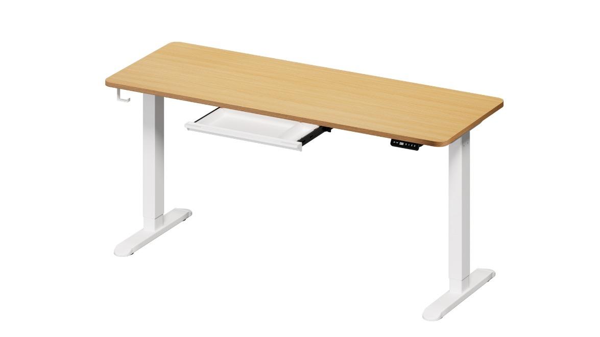 Oikiture 160cm Motorized Adjustable Standing Office Table with Drawer - White/Oak