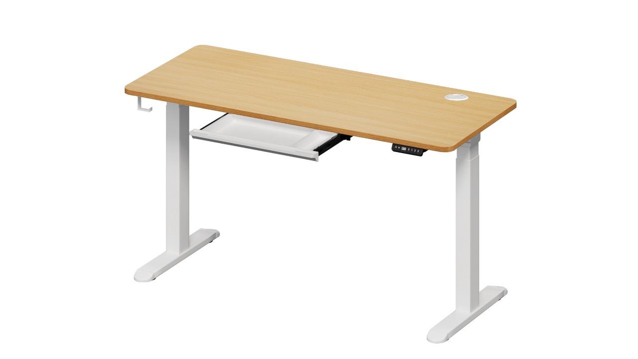 Oikiture White/Oak Height Adjustable Electric Standing Desk with Drawer - 116cm