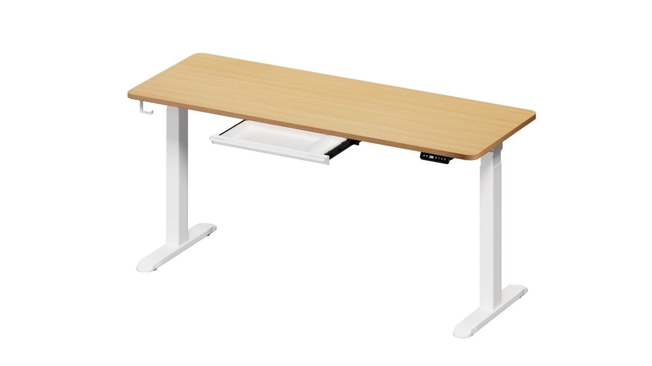 Oikiture 160cm Electric Height Adjustable Standing Desk with Drawer - White/Oak