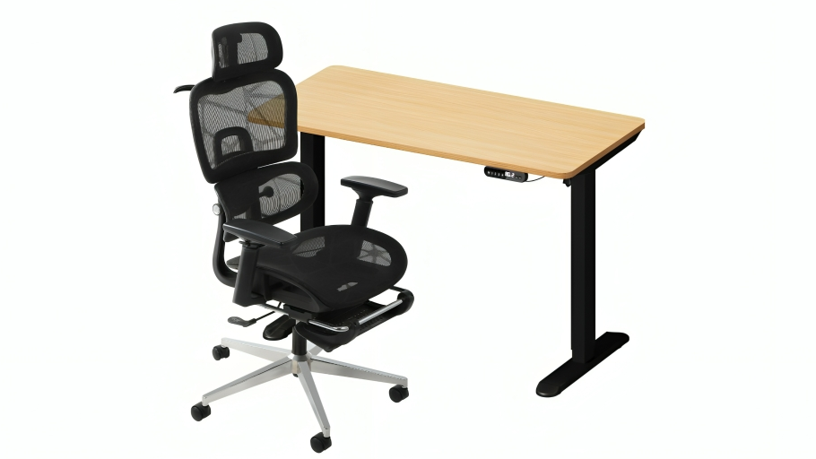 Oikiture Mesh Ergonomic Office Desk and Chair Set - Black/Oak