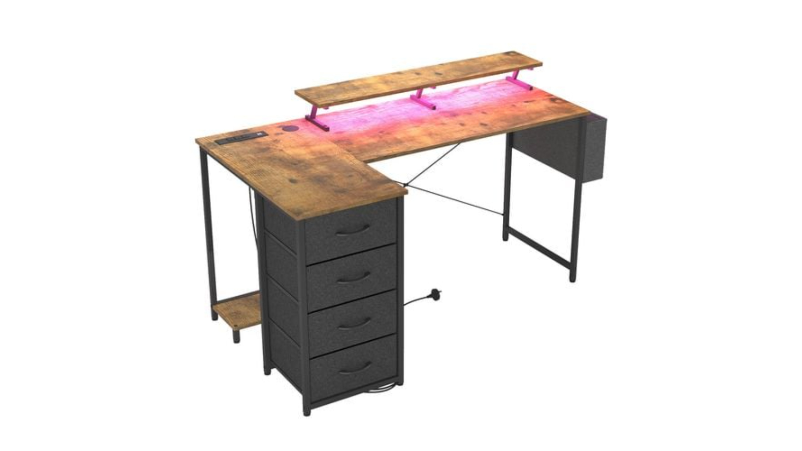 Advwin 140cm L Shaped Gaming Desk with LED Light and Monitor Stand - Walnut