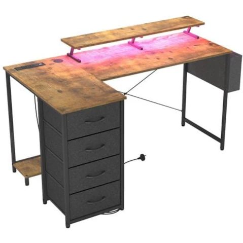 Advwin 140cm L Shaped Gaming Desk with LED Light and Monitor Stand - Walnut