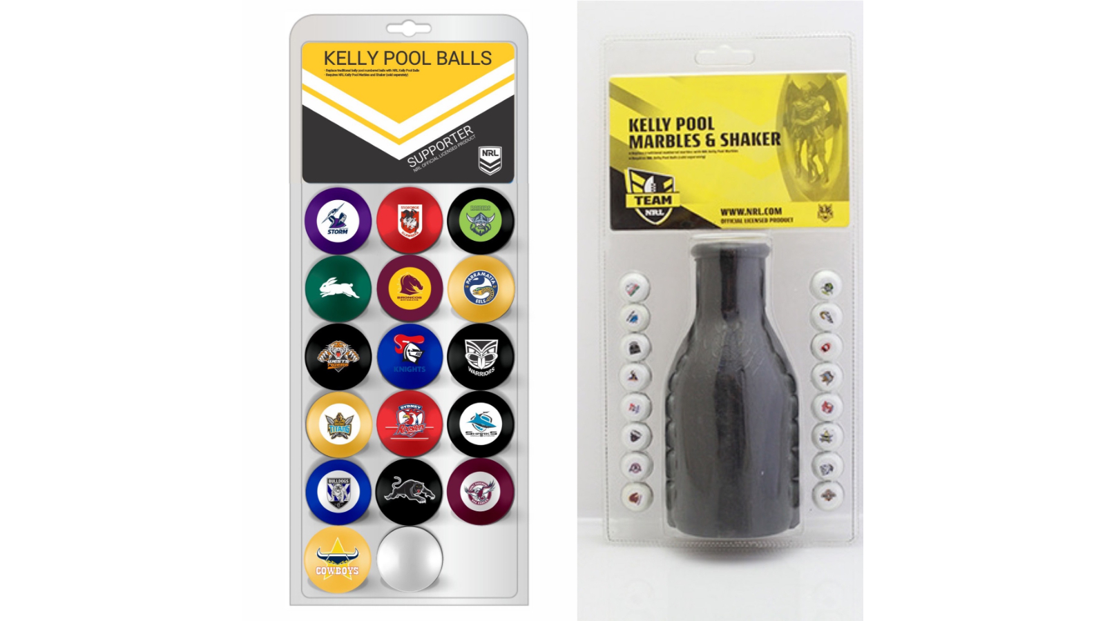 NRL All Team Club Kelly Pool Snooker Billiard Ball with Marble and Shaker Gift Set