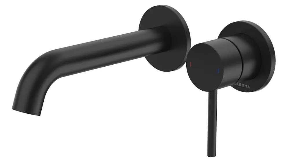 Caroma Liano II 175mm Low Lead Wall Basin/Bath Mixer with 2x Round Cover Plates - Matte Black