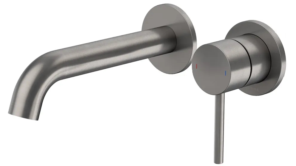 Caroma Liano II 175mm Low Lead Wall Basin/Bath Mixer with 2x Round Cover Plates - Gunmetal