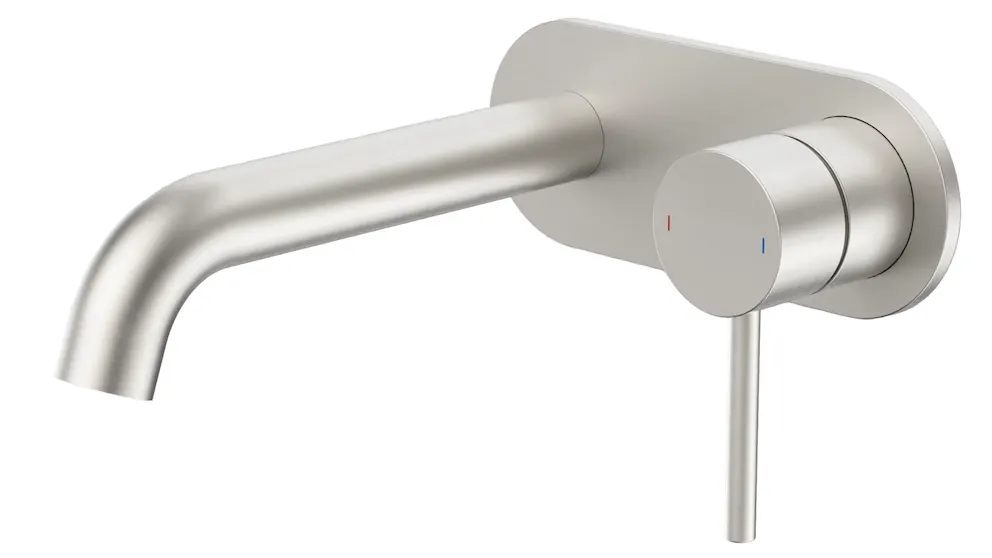 Caroma Liano II 175mm Low Lead Wall Basin/Bath Mixer with Round Cover Plate - Brushed Nickel