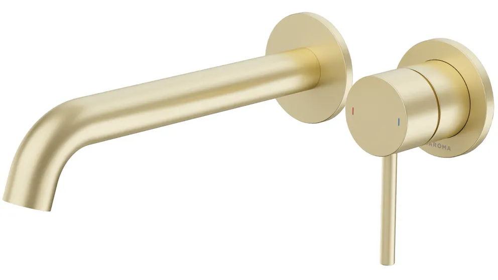 Caroma Liano II 210mm Low Lead Wall Basin/Bath Mixer with 2x Round Cover Plates - Brushed Brass